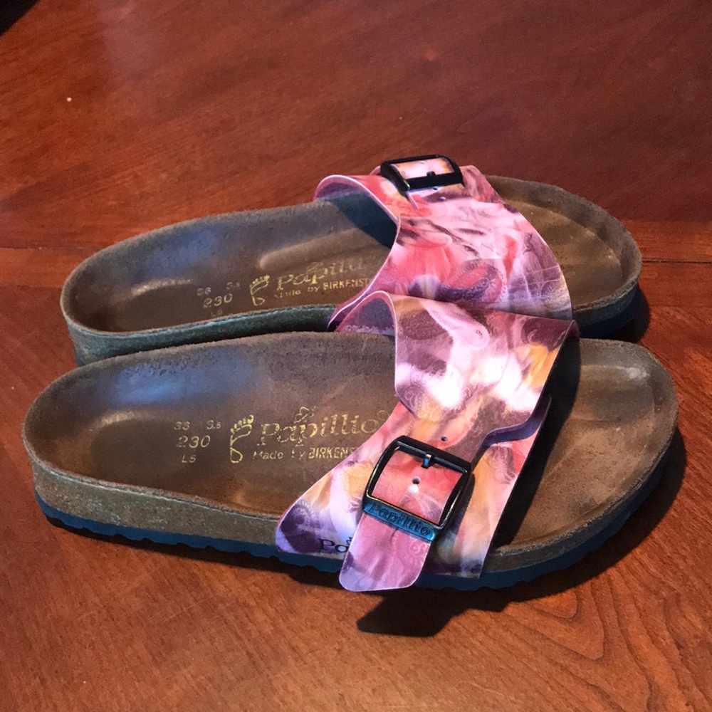 Papillio by Birkenstock purple yellow graphic leather sandals shoes size 36